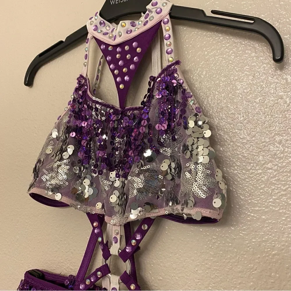 Glamour dance costume purple sequin gems rhinestone fringe embellished child M/L